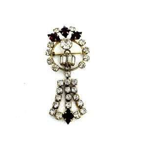 Vintage Chandelier Brooch Dark Red and Clear Rhinestones Signed dec Gold Filled